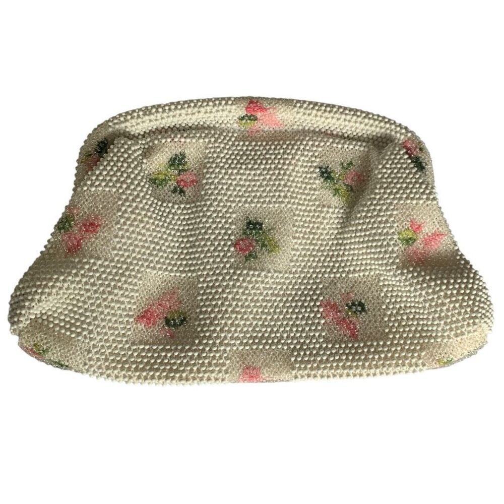 Vintage VTG 1950s Lumured Beaded Clutch – White Floral Bead Evening Bag Made in